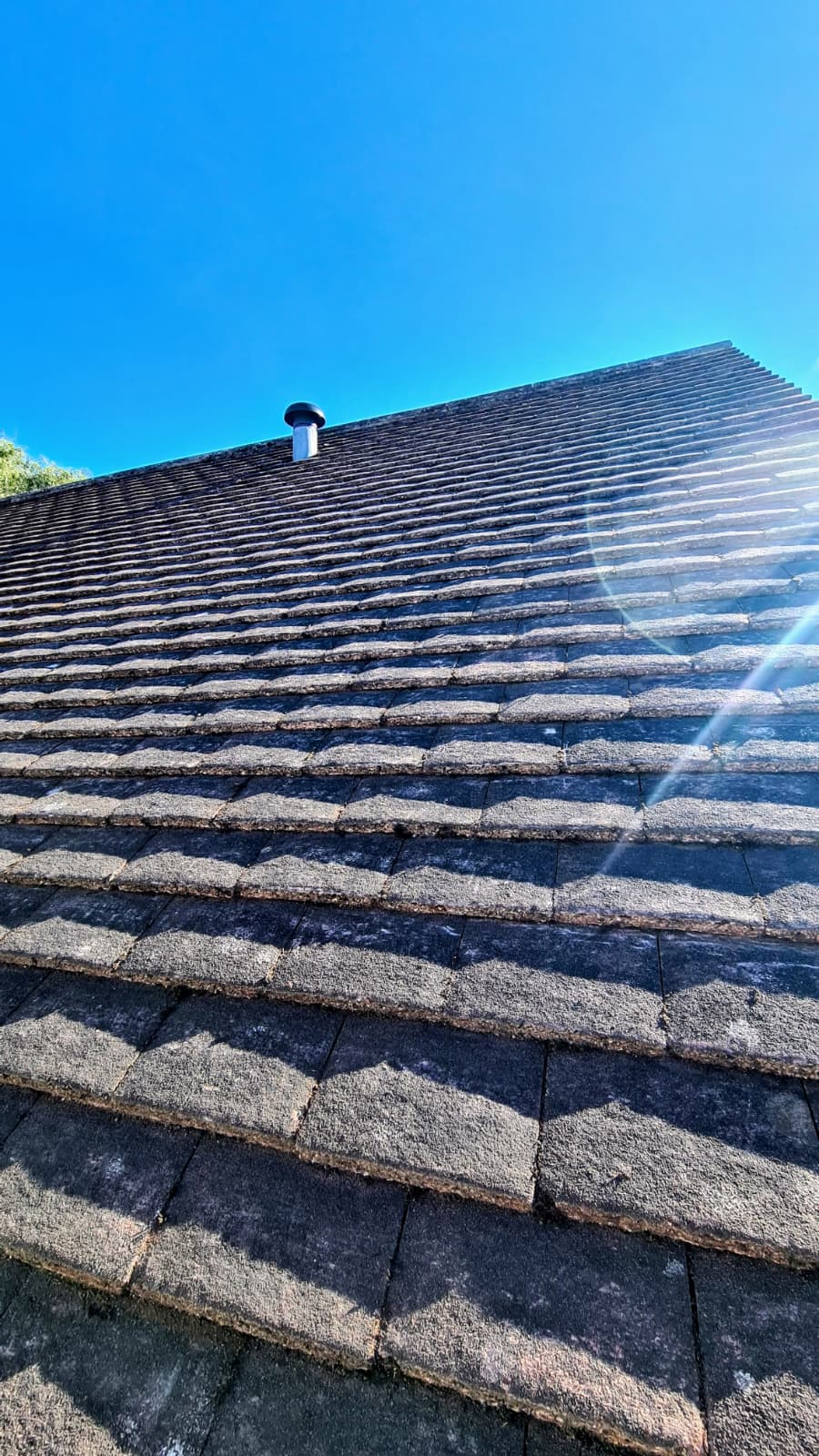Roof cleaning Macclesfield — telescopic soft wash treatment removing moss and lichen from roof tiles